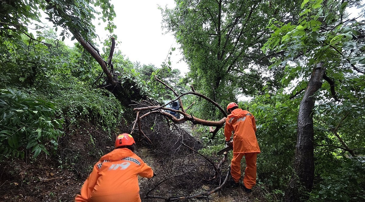 ▲전북지역 폭우피 현장에서 안전조치 나선 소방관들.
 (사진제공=전북도 소방본부)