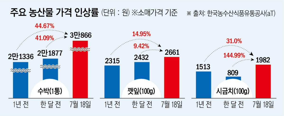 ▲수박, 깻잎, 시금치 등 주요 농산물 가격 인상률 변화 (이투데이 그래픽팀=신미영 기자)