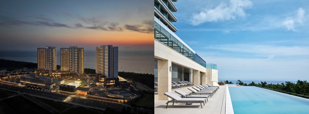 ▲'신라모노그램 강릉' 전경과 호텔 야외 수영장 (사진제공=호텔신라)