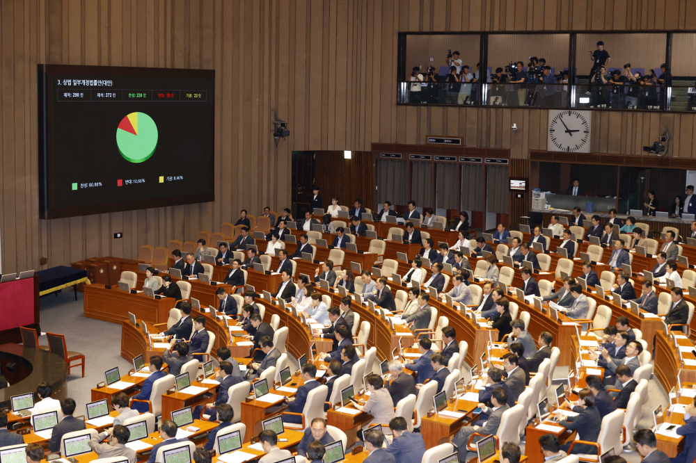 ▲3일 서울 여의도 국회 본회의에서 상법 일부개정법률안이 가결되고 있다.  (고이란 기자 photoeran@)