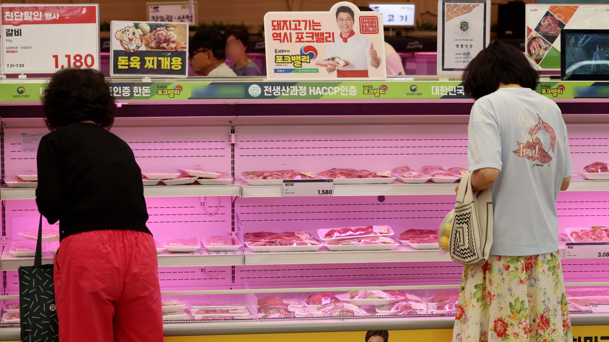 ▲생산자물가가 석 달 만에 상승했다. 주로 농림수산품이 올라 최근 폭우·폭염 영향과 더불어 밥상물가를 밀어올릴 가능성이 우려된다. 22일 한국은행에 따르면 6월 생산자물가지수는 119.77로 전월(119.64) 대비 0.1% 상승했다. 생산자물가는 지난 2~3월 강보합 수준을 나타내다 4월(-0.2%), 5월(-0.4%) 하락한 이후 3개월 만에 상승세로 돌아섰다. 특히 농림수산품 상승률이 전월 대비 0.6%로 높게 나타났다. 구체적으로 배추(31.1%), 돼지고기(9.5%), 달걀(4.4%), 쌀(3.4%) 등의 품목이 높은 상승률을 기록했다. 이날 서울의 한 대형마트에 돼지고기가 진열돼 있다. 신태현 기자 holjjak@