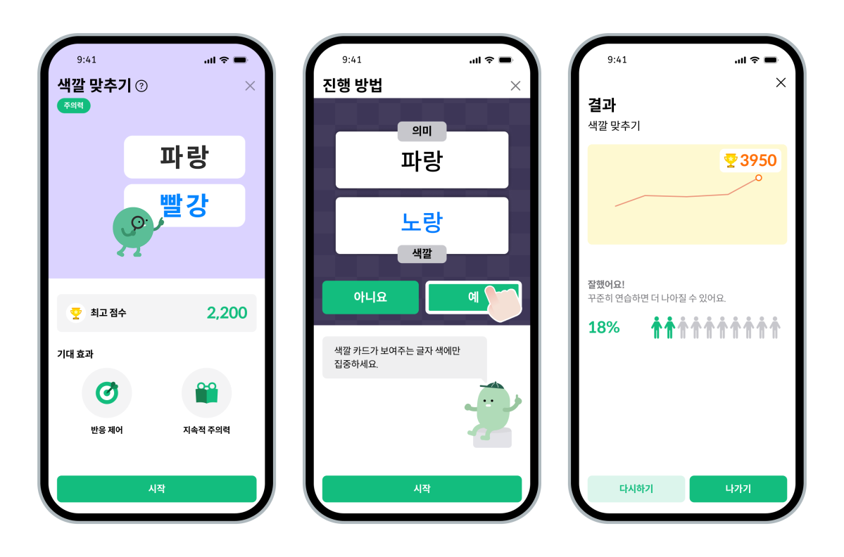 ▲치매예방 앱 ‘맬리(MELI)’ 주의력 훈련 콘텐츠 ‘색깔 맞추기’ 화면. 단어에 적힌 글자 색상을 읽는 방식으로 반응 속도와 집중력을 강화하도록 설계되었다. (원메딕스인더스트리 제공)