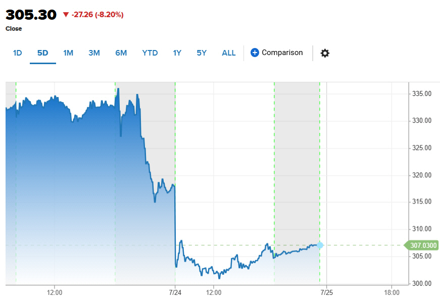 ▲테슬라 주가 추이. 24일(현지시간) 종가 305.30달러. 출처 CNBC