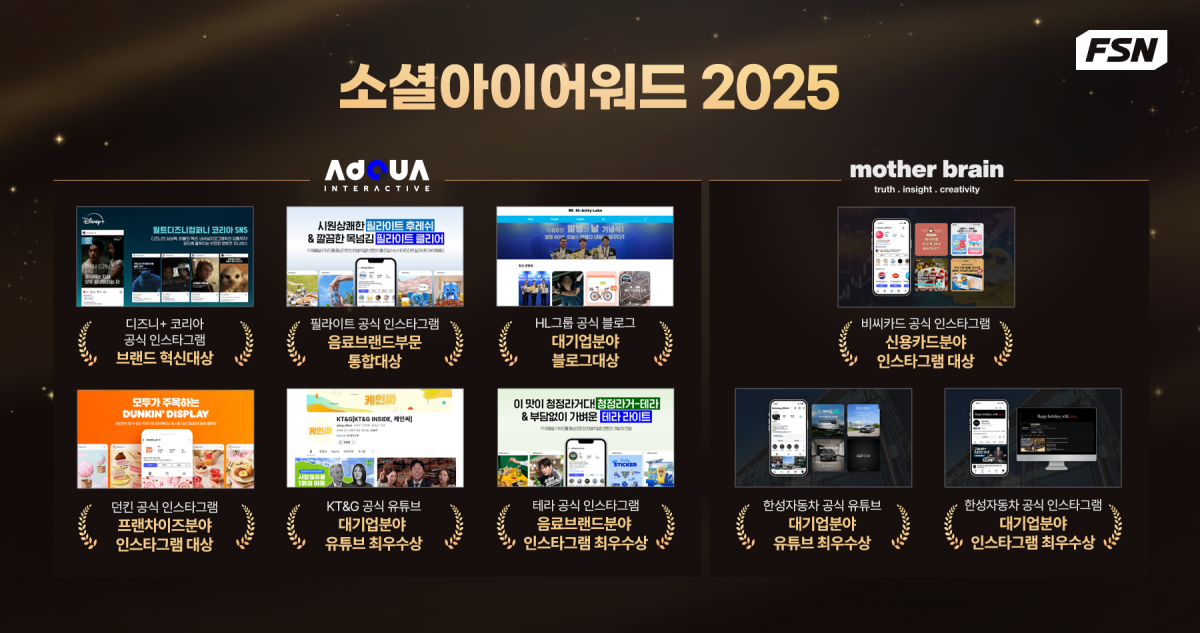 ▲FSN이 '소셜아이어워드 2025'에서 대상 5개를 포함해 총 9개 부문을 수상했다.  (사진제공=FSN)