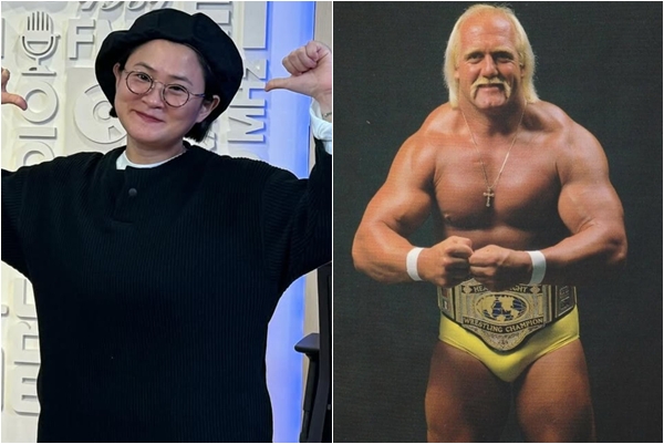 ▲개그우먼 김신영(왼), 미국의 유명 프로레슬러 故 헐크 호건. (출처='정호의 희망곡', 김신영 SNS)