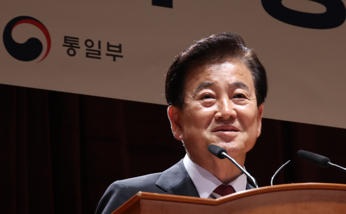 ▲정동영 통일부 장관이 25일 서울 종로구 정부서울청사 별관에서 열린 제44대 통일부 장관 취임식에서 취임사를 하고 있다. (뉴시스)