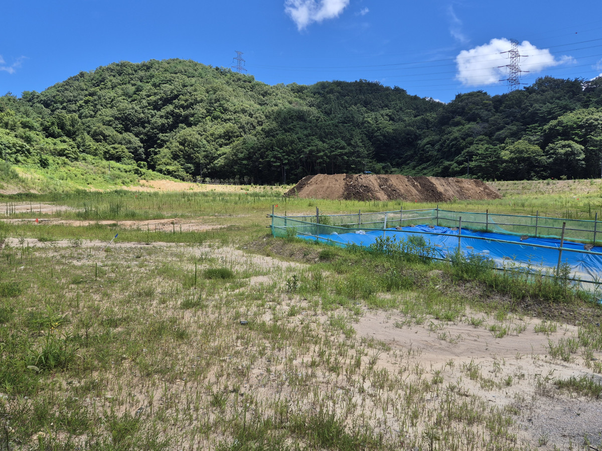 ▲양산시 동면 사송 자족-2구역에 침사지까지 조성된 토지에 잡풀들이 무성하다. 뒤로 새로붓고 있는 흙이 보인다.  (서영인기자 hihiro@)