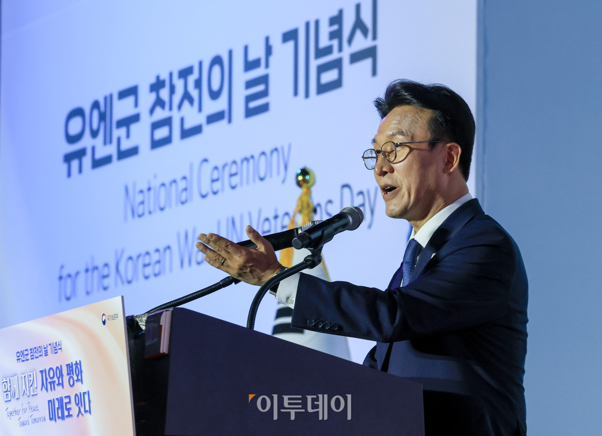 ▲김민석 국무총리가 27일 경기 고양시 일산서구 킨텍스에서 열린 2025년 유엔군 참전의 날 기념식에서 기념사를 하고 있다. 조현호 기자 hyunho@