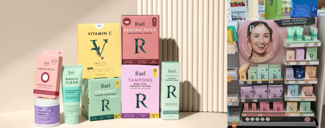 ▲왼쪽부터 라엘 제품 이미지와 오른쪽에는 미국 대형 유통사 월그린스 매장에 마련된 라엘의 브랜드 컨셉존의 모습이다. (사진제공=라엘)