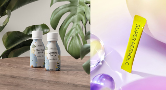 ▲왼쪽부터 스타트업 머스카의 천연 성분으로 만든 수면 음료 ‘슬리핑보틀(Sleeping Bottle)’ 오른쪽은 아모레퍼시픽의 건기식 브랜드 바이탈뷰티의 ‘슈퍼레티놀C’ 제품이 보이고 있다. (사진제공=머스카, 바이탈뷰티)