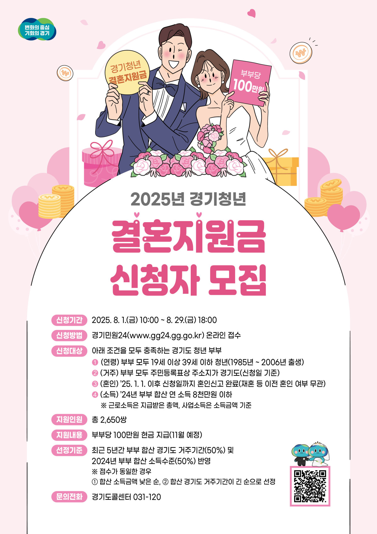 ▲경기도가 8월 1일부터 29일까지 온라인을 통해 청년 신혼부부 2650쌍을 대상으로 결혼지원금 100만 원 신청을 접수한다. (경기도)