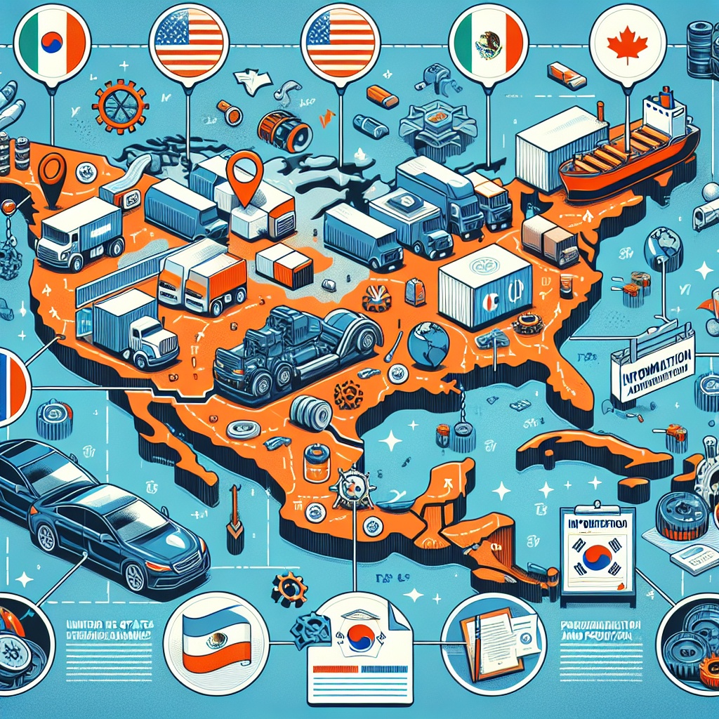 ▲미국, 캐나다, 멕시코의 국기와 트럭·항구·공장 등 물류 아이콘이 그려진 일러스트는 미국 USMCA 및 원산지 규정 강화에 따른 북미 자동차 부품 교역과 공급망 변화를 보여준다. (출처=오픈AI 달리)