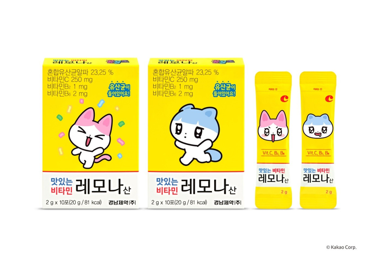 ▲경남제약은 카카오 신규 캐릭터 ‘골골즈’를 적용한 ‘맛있는 비타민 레모나산’을 리뉴얼 패키지로 출시했다. (사진제공=경남제약)