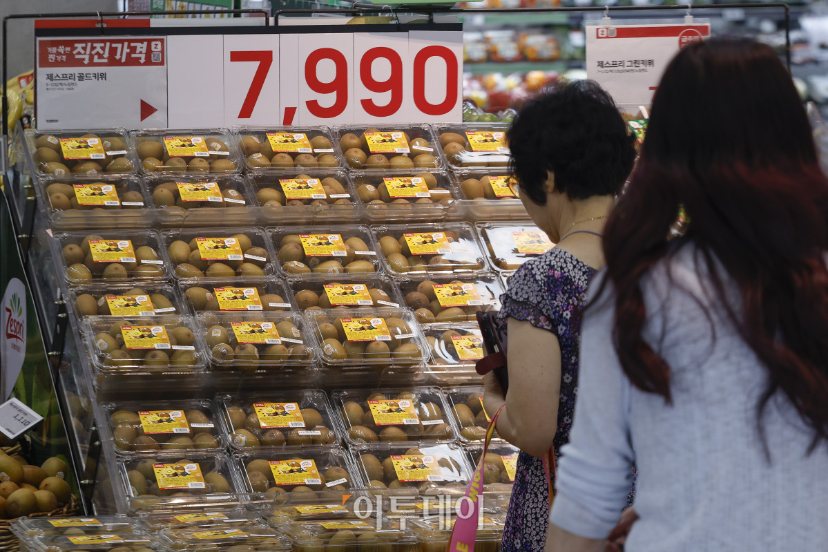 ▲롯데마트가 직진 가격 캠페인을 시작한 31일 서울 시내 한 롯데마트 매장에 키위가 진열되어 있다. 이날부터 내달 6일까지 필수 식료품을 합리적인 가격에 제공하는 직진 가격 캠페인은 여름 휴가철 수요가 많은 먹거리 12종을 할인된 가격에 선보인다. 통 큰 닭볶음탕용은 8990원에, 대추 방울토마토는 5990원에 각각 판매된다. 제스프리 골드키위와 고산지 바나나 가격은 각각 7990원, 3990원으로 책정됐다. 조현호 기자 hyunho@