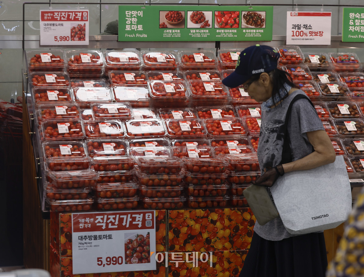 ▲롯데마트가 직진 가격 캠페인을 시작한 31일 서울 시내 한 롯데마트 매장에 방울 토마토가 진열되어 있다. 이날부터 내달 6일까지 필수 식료품을 합리적인 가격에 제공하는 직진 가격 캠페인은 여름 휴가철 수요가 많은 먹거리 12종을 할인된 가격에 선보인다. 통 큰 닭볶음탕용은 8990원에, 대추 방울토마토는 5990원에 각각 판매된다. 제스프리 골드키위와 고산지 바나나 가격은 각각 7990원, 3990원으로 책정됐다. 조현호 기자 hyunho@