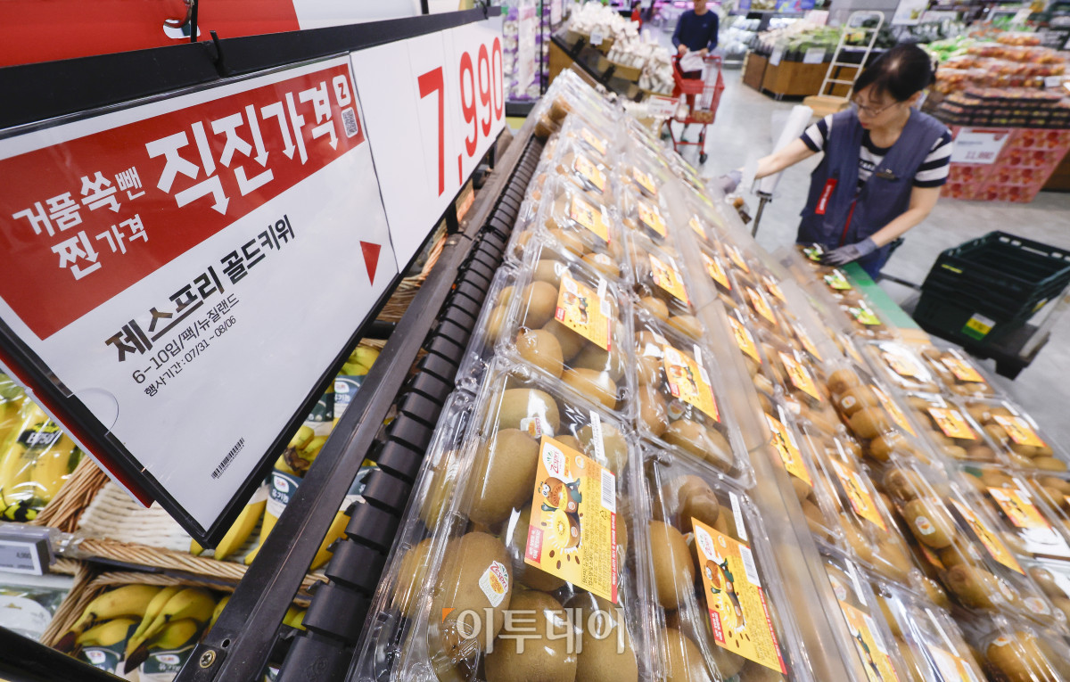 ▲롯데마트가 직진 가격 캠페인을 시작한 31일 서울 시내 한 롯데마트 매장에서 한 직원이 키위를 진열하고 있다. 이날부터 내달 6일까지 필수 식료품을 합리적인 가격에 제공하는 직진 가격 캠페인은 여름 휴가철 수요가 많은 먹거리 12종을 할인된 가격에 선보인다. 통 큰 닭볶음탕용은 8990원에, 대추 방울토마토는 5990원에 각각 판매된다. 제스프리 골드키위와 고산지 바나나 가격은 각각 7990원, 3990원으로 책정됐다. 조현호 기자 hyunho@