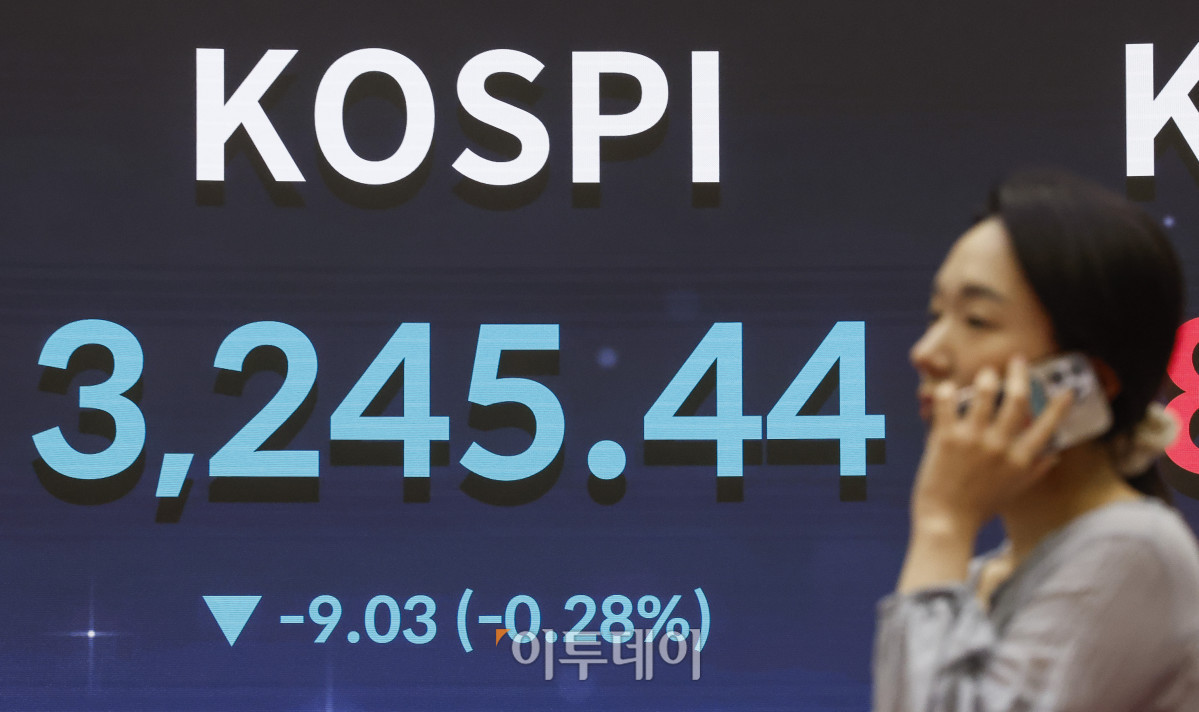 ▲한미 관세협상이 일본, EU와 비슷한 수준인 15%로 타결됐지만 자동차 등 일부 업종을 중심으로 실망감이 일면서 코스피가 7거래일만에 하락 마감했다. 31일 서울 영등포구 KRX한국거래소 서울사무소 전광판에 코스피, 코스닥이 표시돼 있다. 이날 코스피 지수는 전 거래일보다 9.03(0.28%)포인트 하락한 3245.44를 나타냈다. 조현호 기자 hyunho@