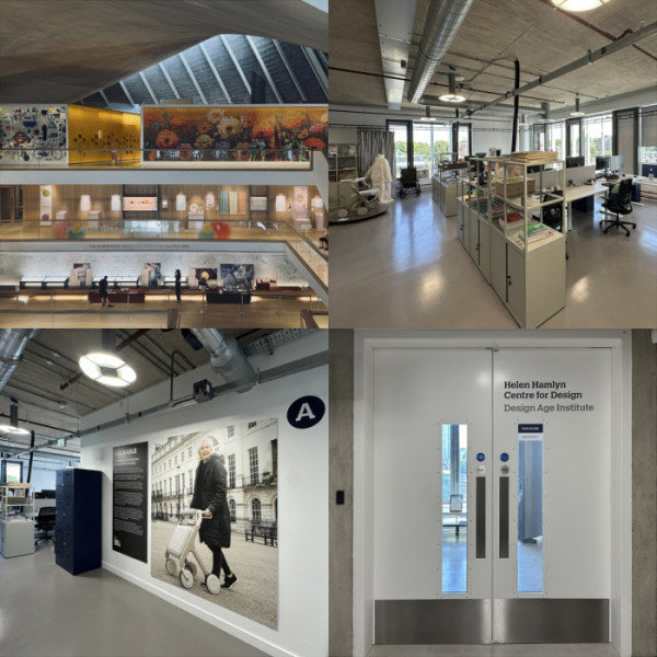 ▲최명식 대표가 최근 다녀온 영국 런던의 왕립예술대학(Royal College of Art) 내에 위치한 헬렌 햄린 디자인 센터와 고령 디자인 연구소의 내부 모습. 왕립예술학교는 세계 최고 수준의 예술·디자인 전문 교육기관으로, 특히 고령사회를 위한 포용적 디자인 실천의 중심지로 평가받는다.(한국디자인고령센터 제공)