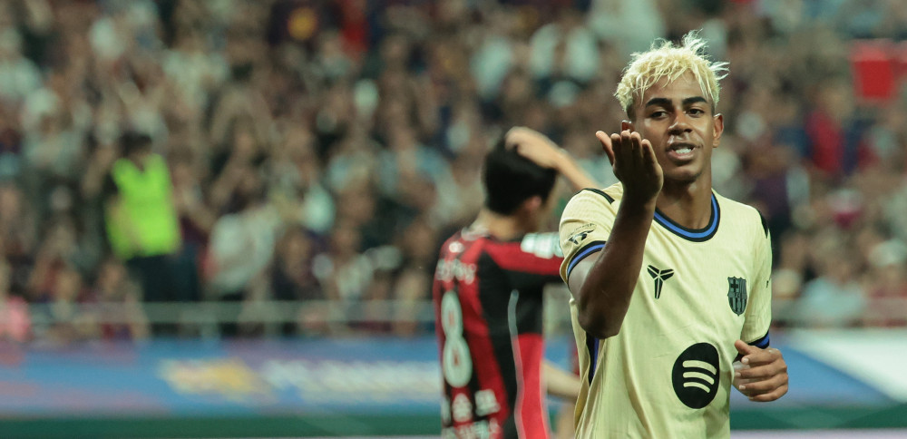 ▲31일 서울월드컵경기장에서 열린 FC바르셀로나 2025 아시아투어 에디션 FC서울과 FC바르셀로나의 경기. 라민 야말이 팀 세번째 골을 넣고 세리머니를 하고 있다.  (연합뉴스)