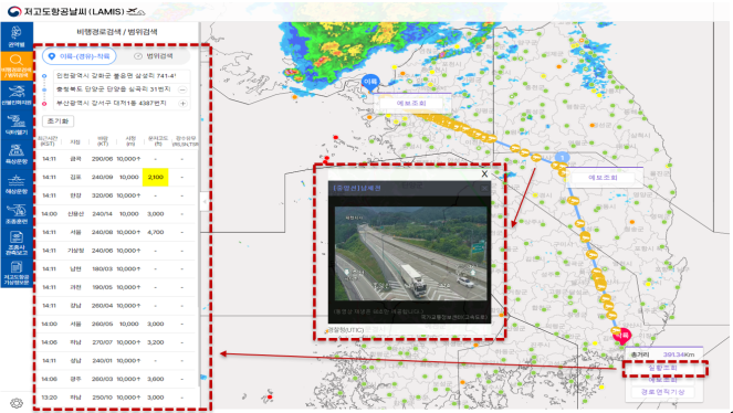 ▲헬기운항 날씨 내비게이터’실황 및 비행경로 연직예측. (자료제공=기상청)