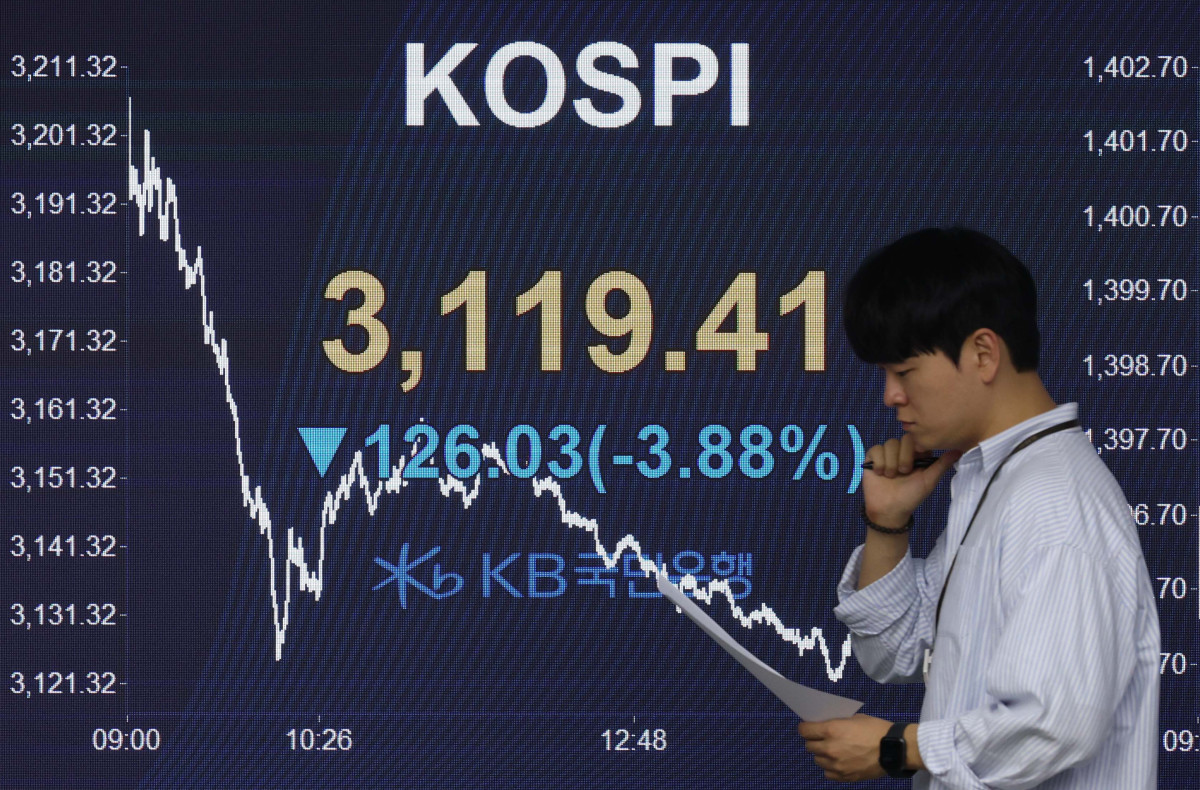 ▲코스피와 코스닥이 세제개편안에 대한 기대감 후퇴로 4% 안팎의 큰 낙폭을 기록한 가운데 1일 서울 여의도 KB국민은행 스마트딜링룸 모니터에 코스피 종가가 표시되고 있다. 이날 코스피는 전일 대비 126.03p(3.88%) 하락한 3119.41에 마감했다. 코스닥은 전일 대비 32.45p(4.03%) 내린 772.79를 기록했다. 원·달러 환율은 달러 강세와 외국인 주식 매도에 두달 여 만에 1400원대로 급등, 서울 외환시장에서 미국 달러화 대비 원화 환율의 주간거래 종가는 전날보다 14.4원 오른 1401.4원으로 집계됐다. 신태현 기자 holjjak@