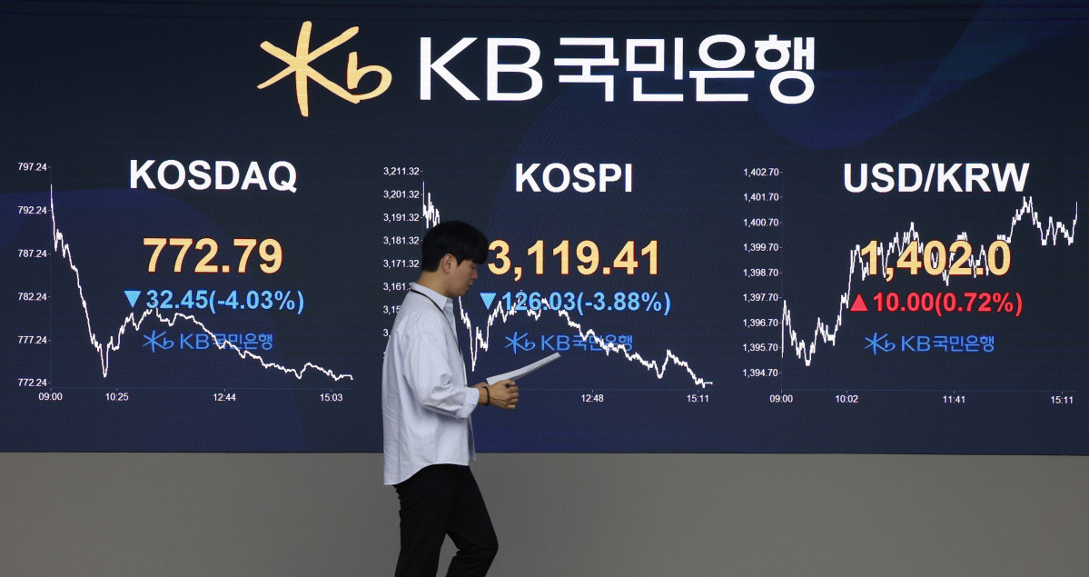 ▲코스피와 코스닥이 세제개편안에 대한 기대감 후퇴로 4% 안팎의 큰 낙폭을 기록한 가운데 1일 서울 여의도 KB국민은행 스마트딜링룸 모니터에 코스피 종가가 표시되고 있다. 이날 코스피는 전일 대비 126.03p(3.88%) 하락한 3119.41에 마감했다. 코스닥은 전일 대비 32.45p(4.03%) 내린 772.79를 기록했다. 원·달러 환율은 달러 강세와 외국인 주식 매도에 두달 여 만에 1400원대로 급등, 서울 외환시장에서 미국 달러화 대비 원화 환율의 주간거래 종가는 전날보다 14.4원 오른 1401.4원으로 집계됐다. 신태현 기자 holjjak@