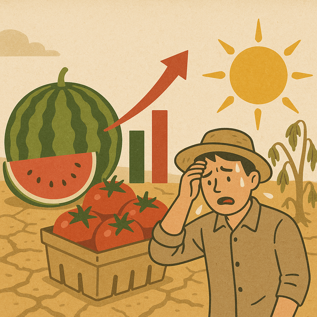 ▲폭염에 치솟는 농산물 가격...수박, 토마토 값이 특히 폭등세 (일러스트=ChatGPT/무단전재 재배포금지)