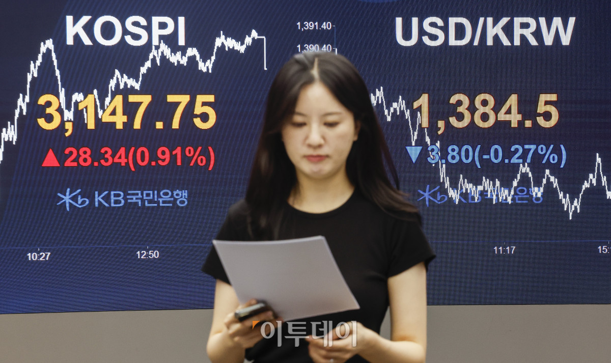 ▲코스피가 기관의 매수세에 힘입어 3140선을 회복하며 상승 마감한 4일 서울 영등포구 KB국민은행 딜링룸 전광판에 코스피, 원·달러 환율이 표시돼 있다. 이날 코스피 지수는 전 거래일보다 28.34(0.91%) 포인트 상승한 3147.75를 나타냈다. 원·달러 환율은 종가 기준 1384.5원을 나타냈다. 조현호 기자 hyunho@