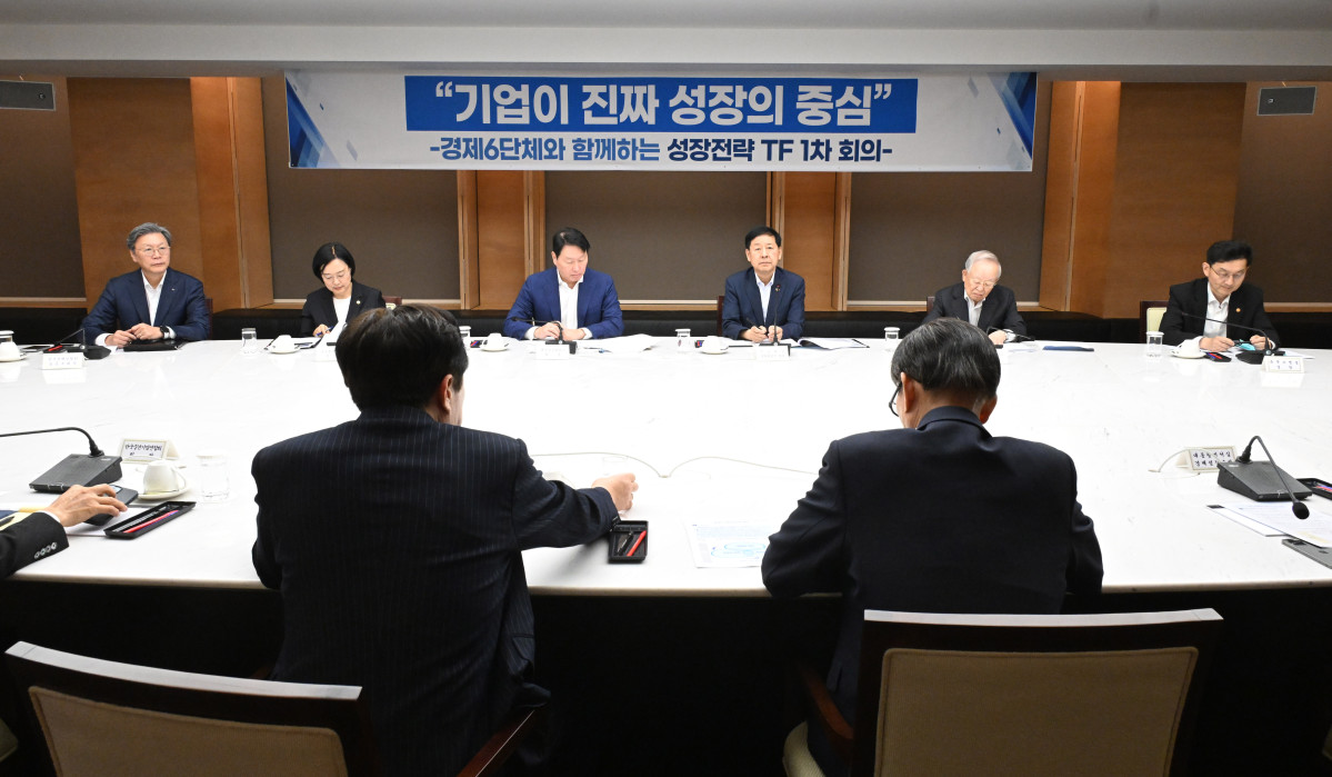 ▲구윤철 경제부총리 겸 기획재정부 장관이 8월 5일 서울 중구 대한상공회의소에서 경제6단체가 참석한 가운데 열린 성장전략 TF 1차회의에서 모두발언을 하고 있다. (기획재정부)