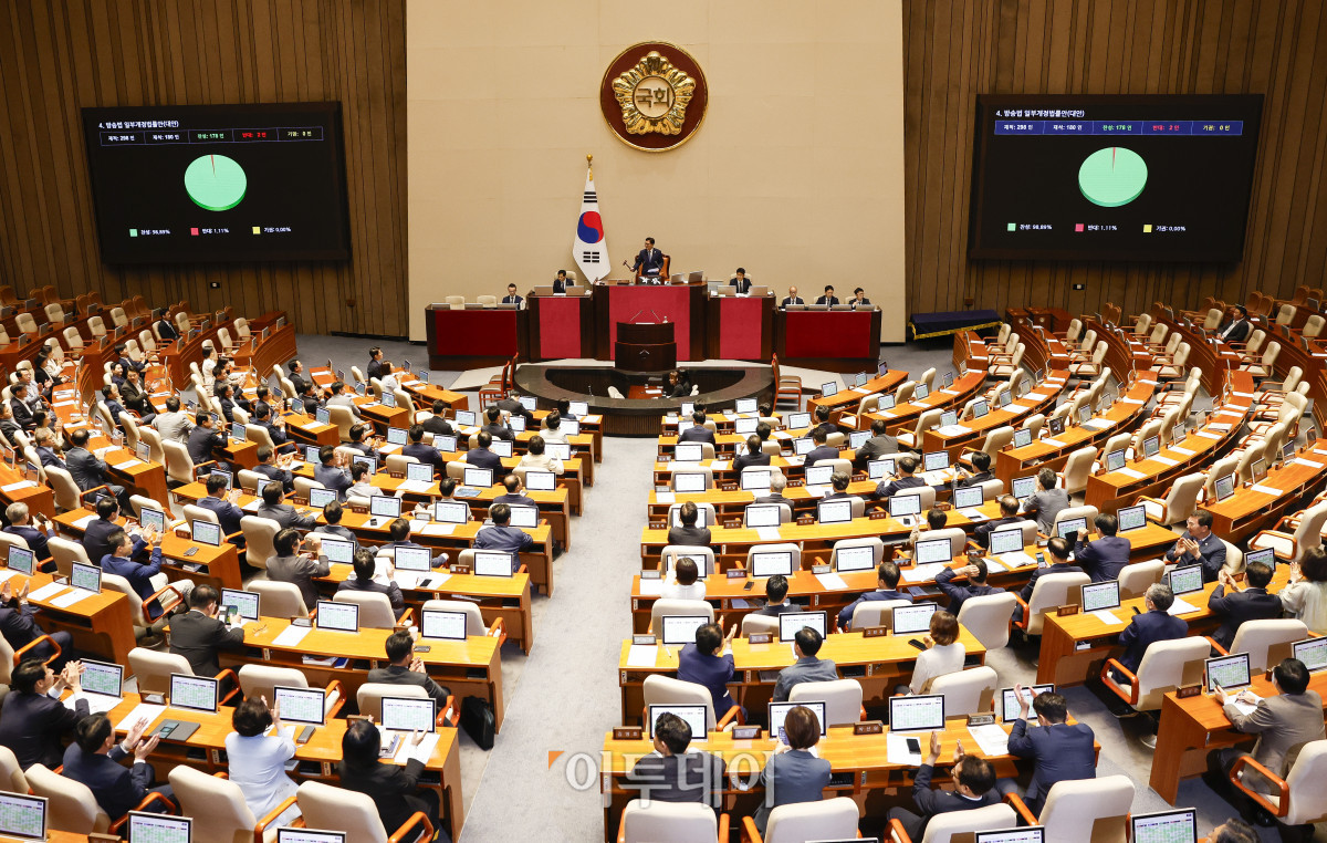 ▲5일 서울 여의도 국회에서 열린 본회의에서 방송법 일부개정법률안(대안)이 통과되고 있다. 조현호 기자 hyunho@