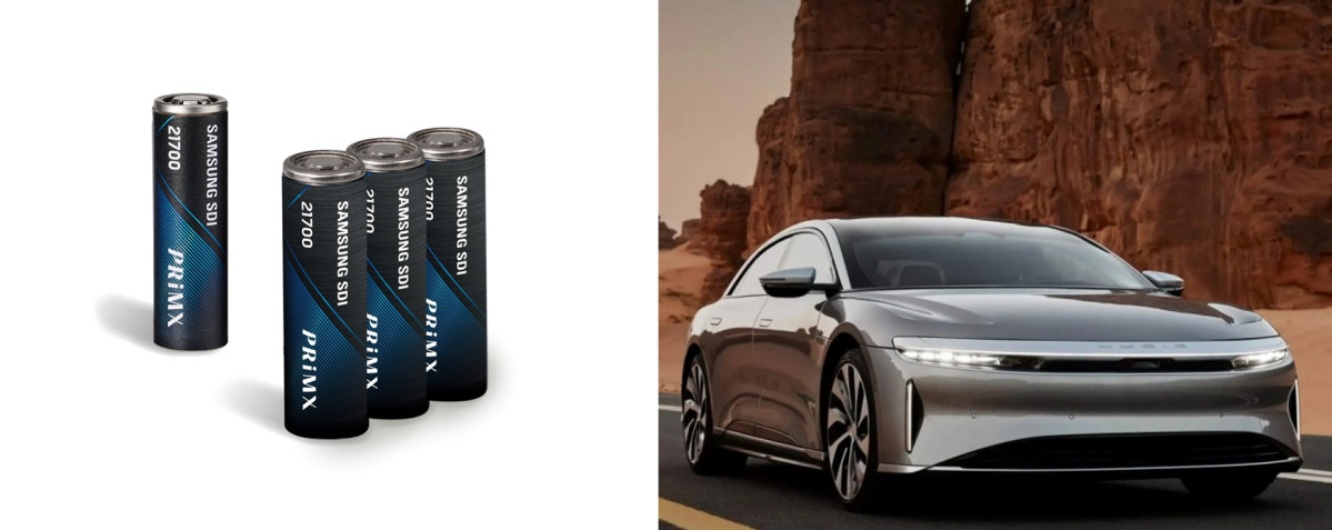 ▲삼성SDI의 21700 원통형 배터리와 루시드 모터스의 '루시드 에어 그랜드 투어링' 차량. (사진제공=삼성SDI, 루시드 모터스)