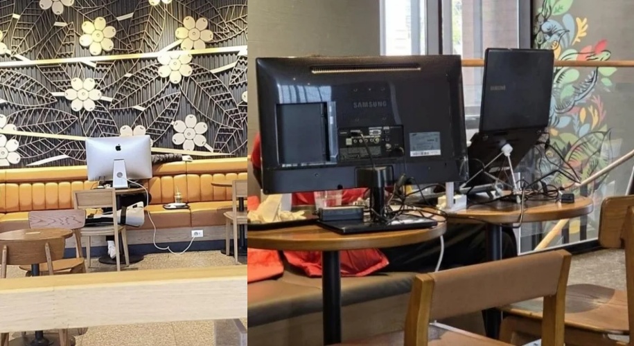 ▲스타벅스에서 개인 데스크톱을 사용하는 모습. (사진=온라인 커뮤니티 갈무리)