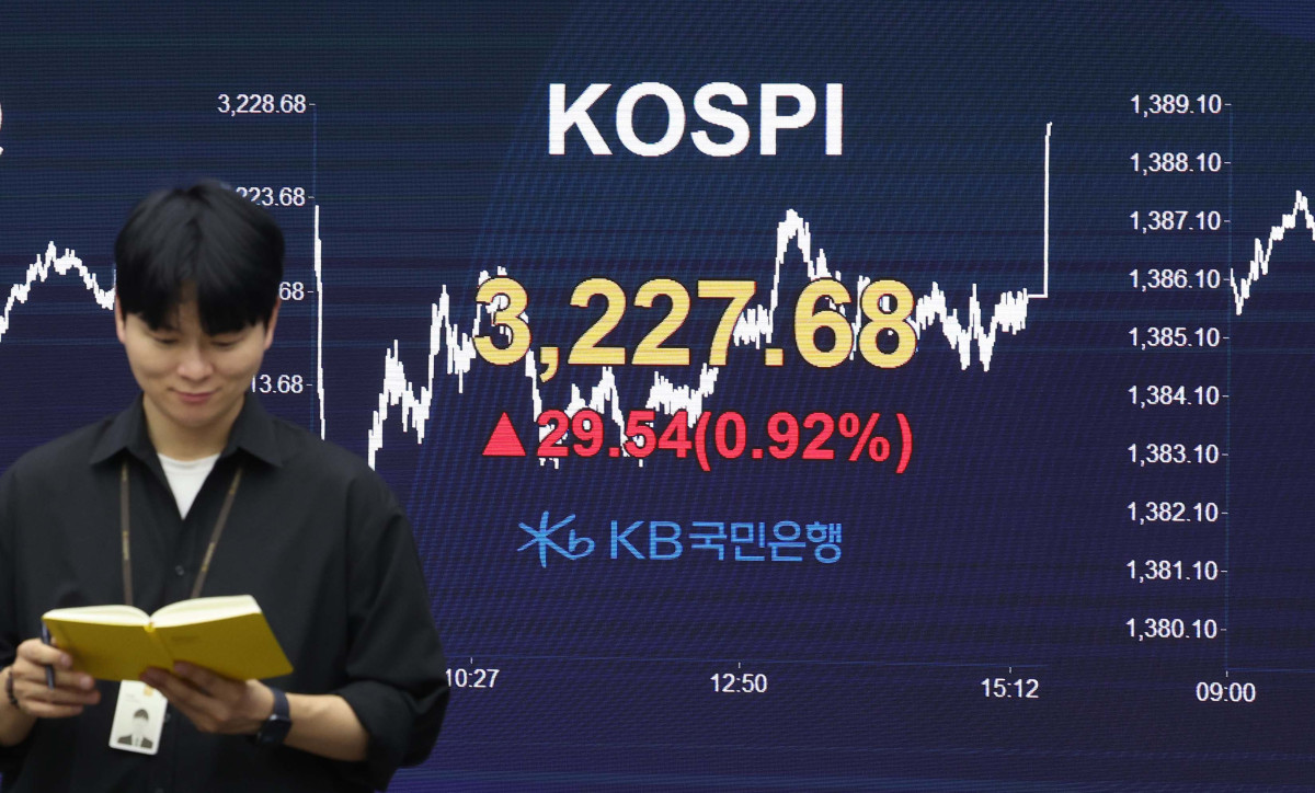 ▲코스피가 미국 상호 관세 발효와 세제 개편안 재검토 등 대내외 불확실성에도 3200선을 회복하며 상승 마감했다. 7일 서울 여의도 KB국민은행 스마트딜링룸 모니터에 코스피 종가가 표시되고 있다. 이날 코스피는 전일 대비 29.54p(0.92%) 오른 3227.68에 장을 마쳤다. 신태현 기자 holjjak@