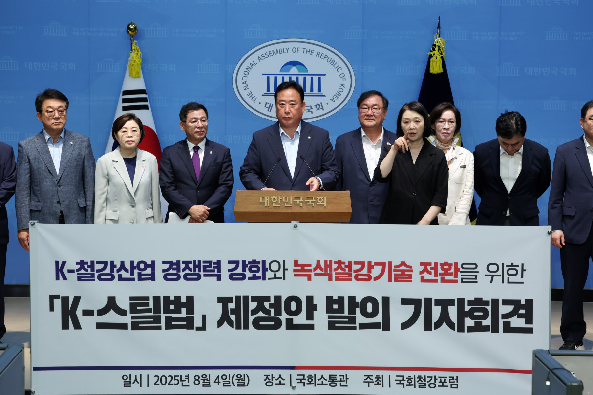 ▲어기구 더불어민주당 의원이 4일 오전 서울 여의도 국회에서 열린 철강산업 경쟁력 강화와 녹색철강기술 전환을 위한 K-스틸법 제정안 발의 기자회견에서 발언하고 있다. 2025.08.04. (뉴시스)