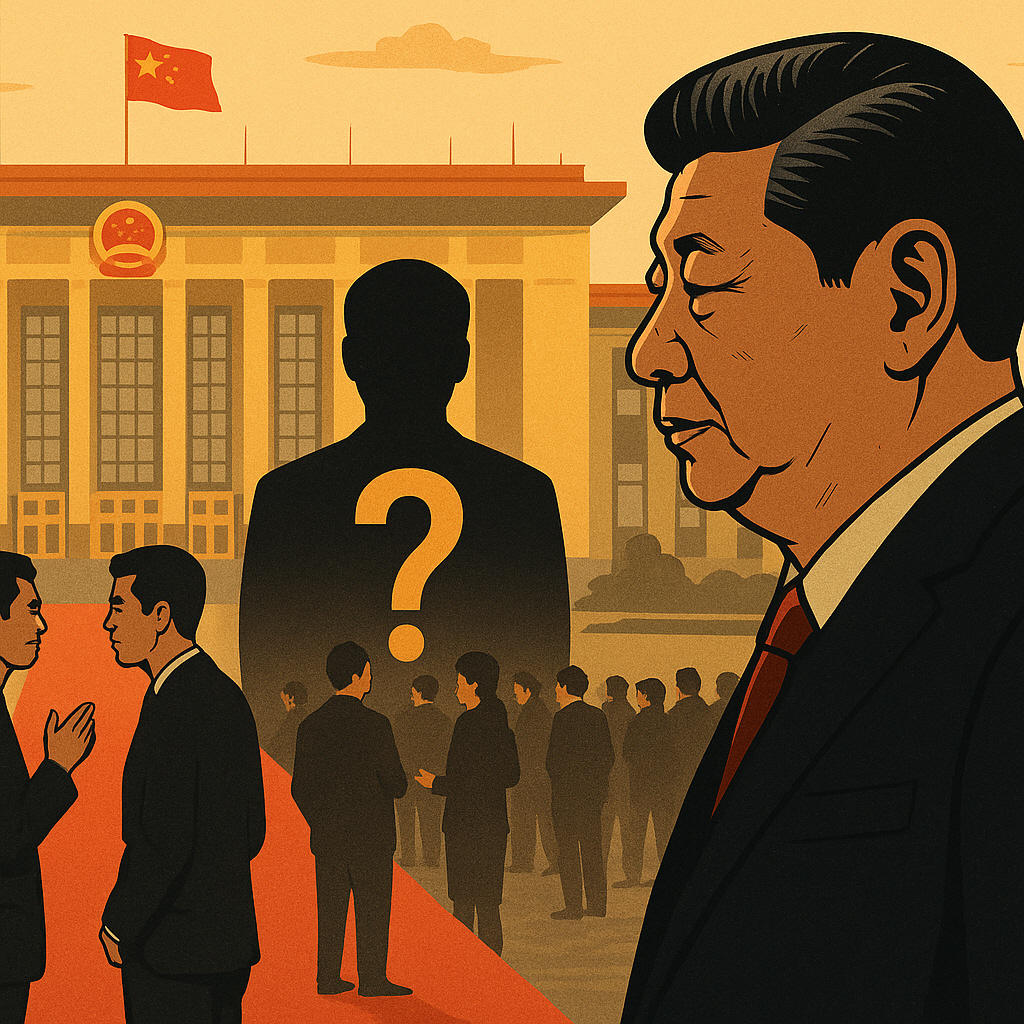 ▲시진핑 중국 국가주석의 후계자 문제를 상징적으로 묘사한 삽화. 후계자 선택과 권력 이양 문제가 여전히 시 주석의 정치적 그림자 속에 있음을 보여준다.  (출처 챗GPT AI 이미지 생성)