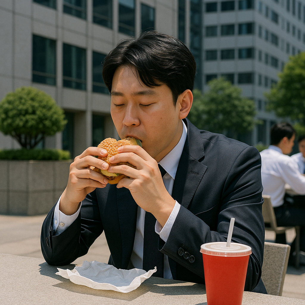 ▲점심시간 나홀로 버거를 먹고 있는 직장인 모습 (이미지=챗GPT/무단전재 배포금지)