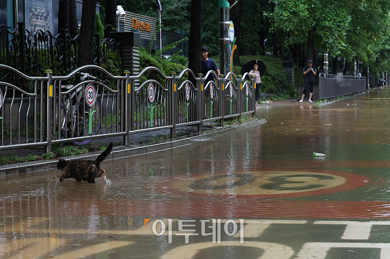 ▲수도권에 호우 경보가 내려진 13일 경기 김포 고촌초등학교 일대 도로가 침수됐다. 기상청은 14일 오전까지 수도권을 중심으로 시간당 50~70mm의 폭우가 쏟아질 것으로 예측하며 산사태, 제방 붕괴, 침수 등 피해 예방에 각별한 주의를 당부했다. 고이란 기자 photoeran@