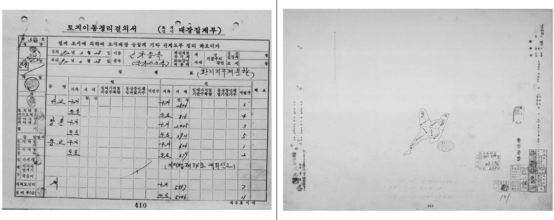 ▲(좌측부터) 토지이동결의서, 측량결과도 (서울시)