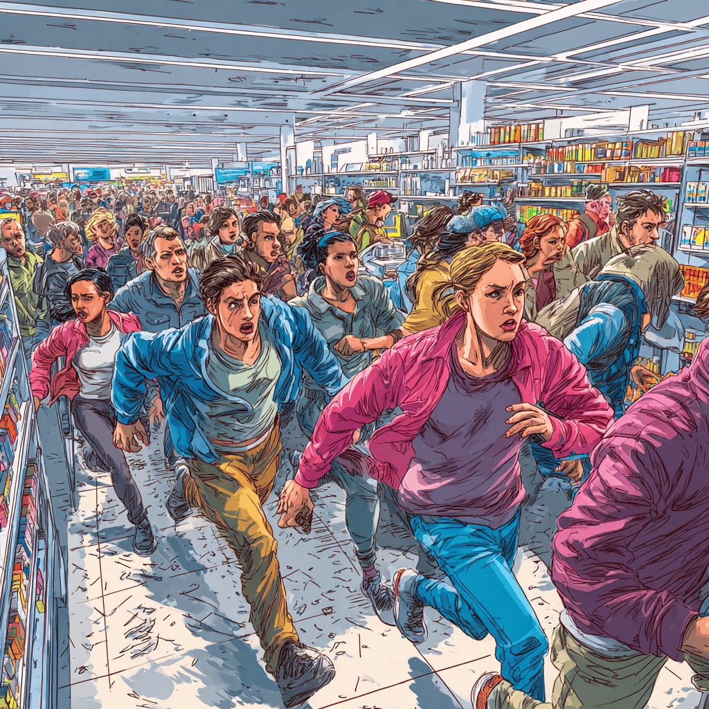 ▲ 허위 폭탄 설치 신고로 매장 내 손님들이 긴장한 표정으로 대피하는 대형 상점 모습. (사진 출처 = 미드저니)