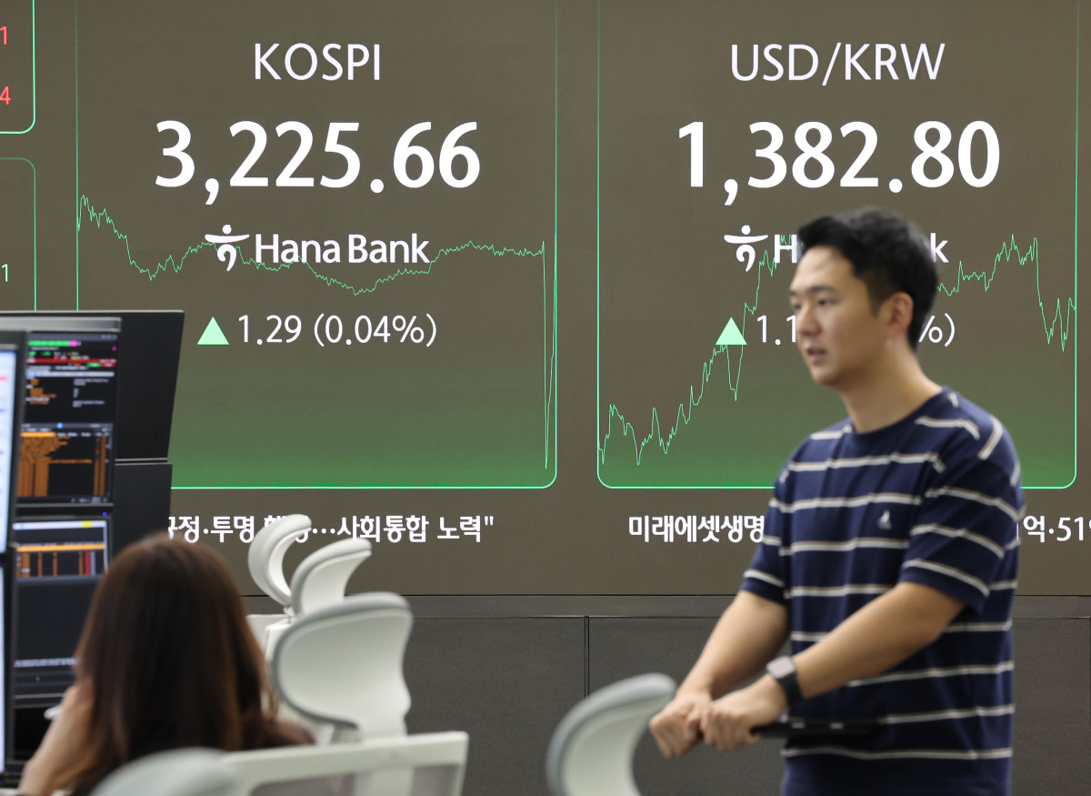▲코스피가 1.29p(0.04%) 오른 3225.66에 장을 마감한 14일 서울 중구 하나은행 본점 딜링룸에서 딜러들이 대화하고 있다. (연합뉴스)