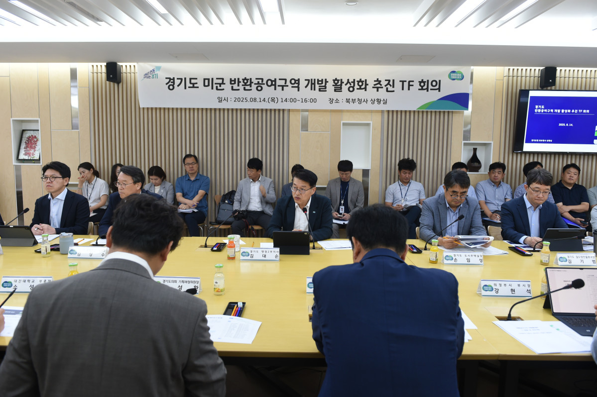 ▲김대순 경기도 행정2부지사를 비롯한 참석자들이 14일 경기도청 북부청사 상황실에서 열린 경기도 미군 반환공여구역 개발 활성화 추진 TF 회의에서 논의하고 있다. (경기도)