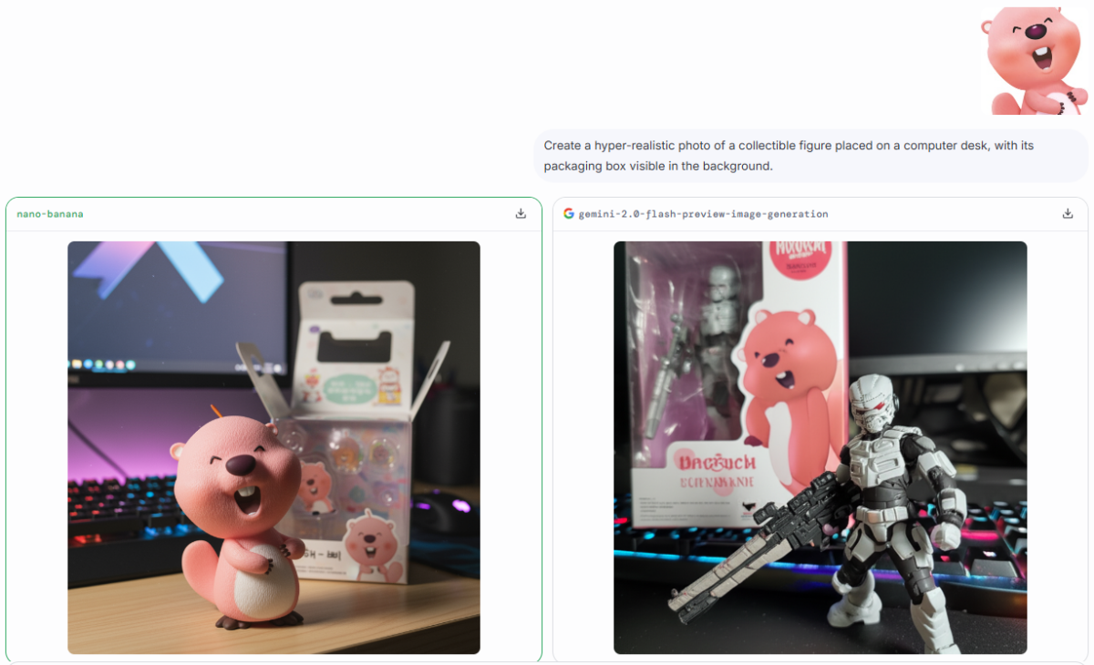 ▲'잔망 루피' 이미지를 나노 바나나(왼쪽), 제미나이 모델을 통해 피규어 스타일로 생성했다. 