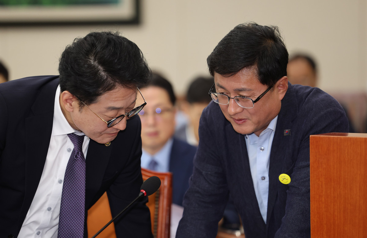 ▲김성환 환경부 장관이 18일 오후 서울 여의도 국회에서 열린 기후위기특별위원회 전체회의에서 이호현 산업통상자원부 2차관 대화하고 있다. 2025.08.18. (뉴시스)