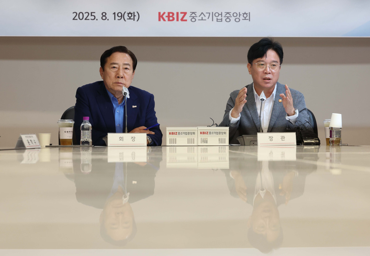 ▲김영훈 고용노동부 장관이 19일 서울 여의도 중소기업중앙회에서 열린 노조법 개정관련 고용노동부장관과 중소기업인 간담회에서 인사말을 하고 있다. 신태현 기자 holjjak@