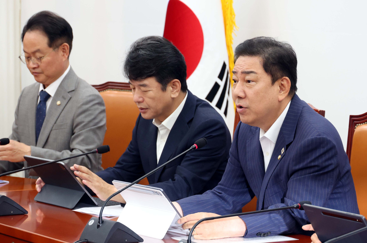 ▲김병기 더불어민주당 원내대표가 19일 오전 서울 여의도 국회에서 열린 원내대책회의에서 발언을 하고 있다. 2025.08.19.  (뉴시스)