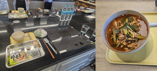 ▲19일 서울 동작구 농심 본사 도연관 조리과학실에서 열린 라면DAY(라면데이) 행사에서 준비된 조리 체험을 위한 공간(왼)과 기자가 완성한 매운 닭칼국수다. (사진=정영인 기자 oin@)