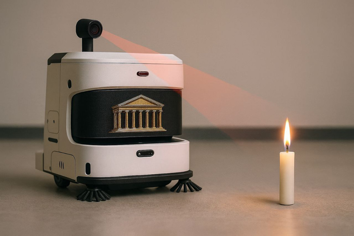 ▲◇AI청소로봇 ‘휠리(Wheelie)’가 불 꺼진 빌딩 로비를 주행하며 바닥을 청소하는 동시에, 전방에 열화상 센서로 화재를 탐지하는 모습. 관제실 모니터에는 로봇의 실시간 위치와 ‘화재 의심’ 경보가 표시된다.  (라이노스 제공)