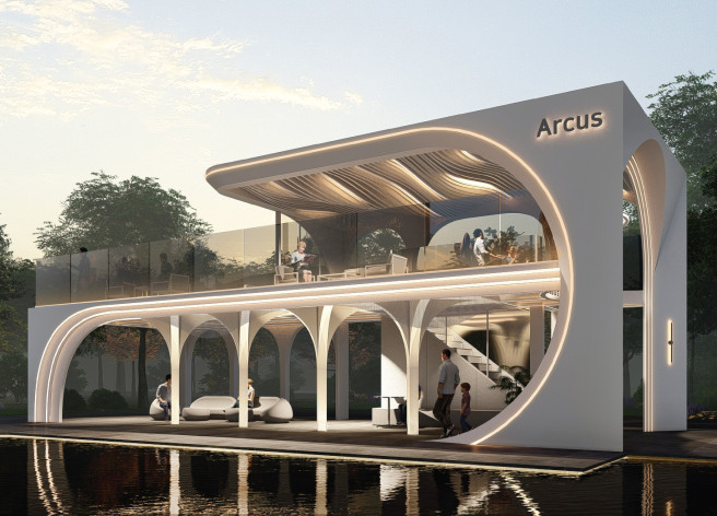 ▲'K-디자인 어워드 2025'에서 골드 위너로 선정된 힐스테이트 환호공원의 티하우스 아르쿠스(Arcus). (사진제공=현대건설)