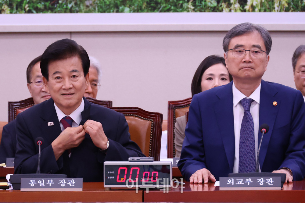 ▲정동영(왼쪽) 통일부 장관과 조현 외교부 장관이 20일 서울 여의도 국회에서 열린 외교통일위원회 전체회의에 참석하고 있다. 고이란 기자 photoeran@