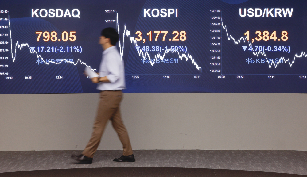 ▲ KB국민은행 딜링룸 전광판에 코스피, 코스닥, 원·달러 환율이 표시돼 있다.  (이투데이DB)